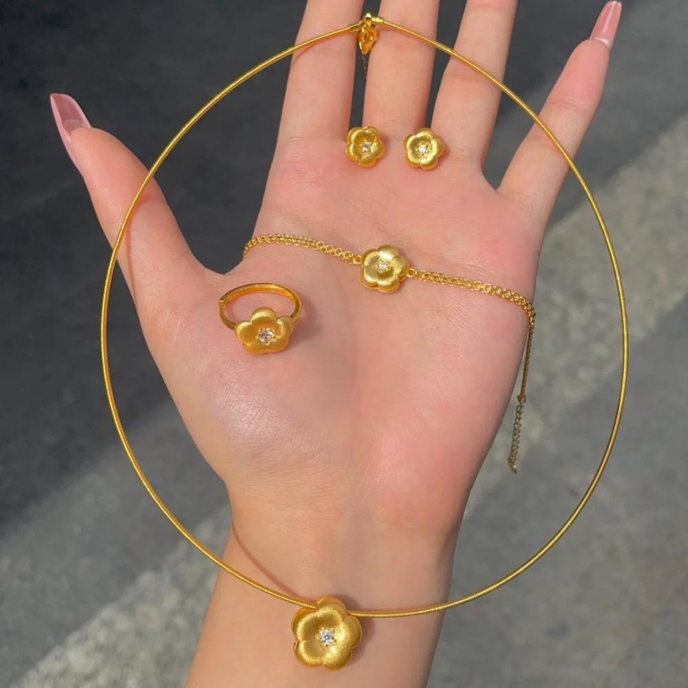 Women Jewelry Set Gold Plated Diamond Flower Necklace Elegant Plum Blossom Bracelet Floral Earrings Ring