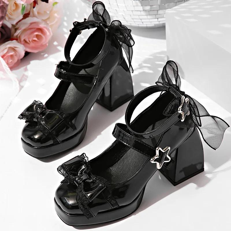 Fashion Bowtie Super High Heels Sandals for Women Patent Leather Star Ankle Buckle Sandals Woman Close Toe Square Heeled Platform Shoes