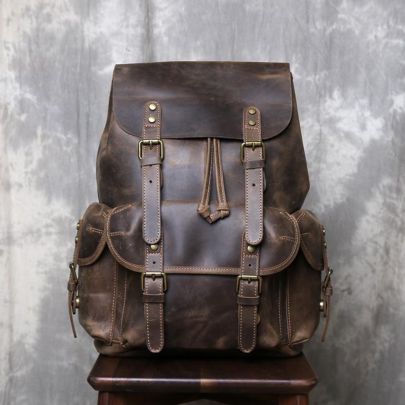 Retro Crazy Horse Leather Backpack for Mens Casual British Trendy Layer Cowhide Backpack Simple Drawstring Leather Computer Bag