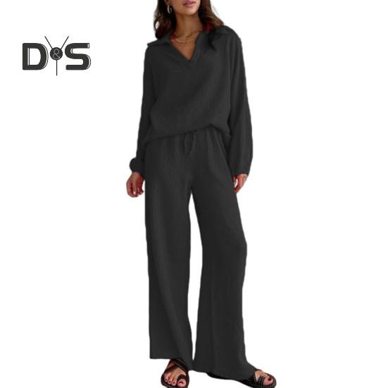 Dámský ležérní dvoudílný set volný ležérní top s dlouhým rukávem a šněrovacími kalhotami, dámský odnímatelný límec a společenský outfit