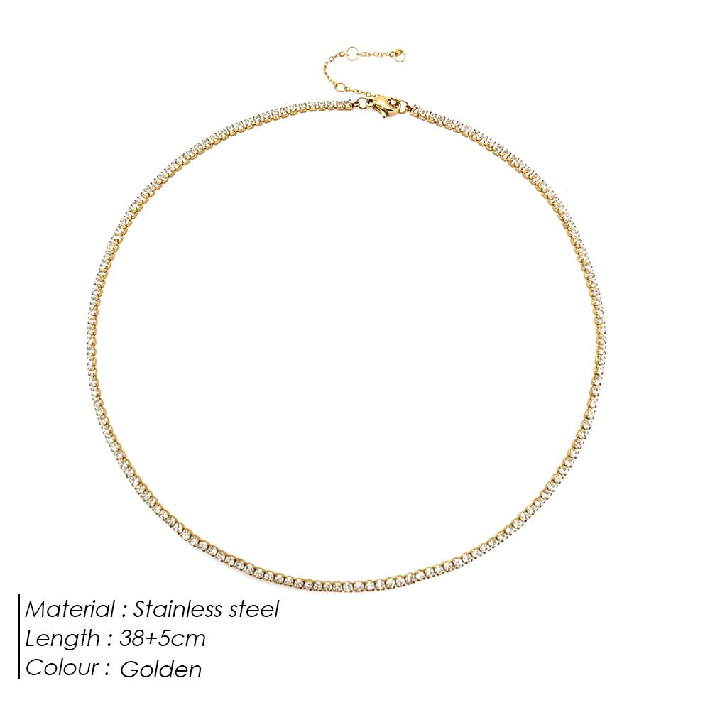 Stainless Steel 14K Gold PVD Plated 38+5cm Zircon Tennis Chain Choker Necklace Titanium Steel Full Paved Zircon Chain Necklace