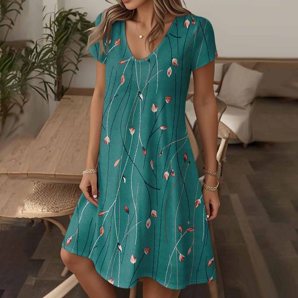 Women's Fashion Summer Casual Short Sleeve Floral Print Dresses