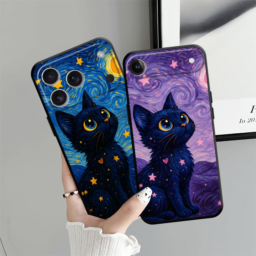 Case for Apple iPhone 17 Pro Max Air 11 15 Pro 7 8 16 12 XR XS MAX 13 14 Funda Phone Cover Rotating Starry Sky Cat