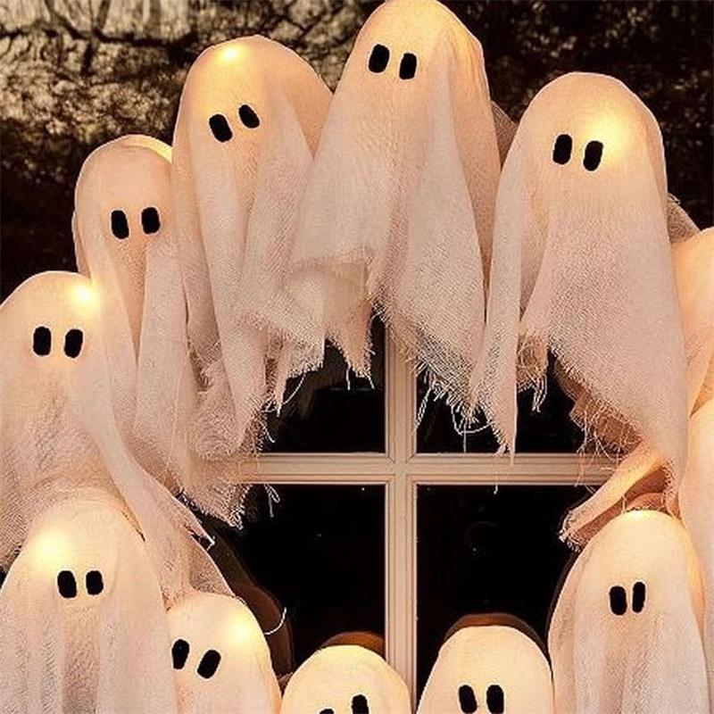 Halloween Lit Ghosts Wreath LED Light-Up White Ghost Garland,Spooky Deco 15.75in