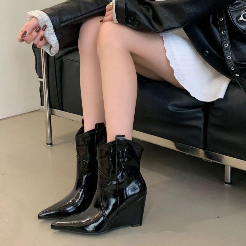 Brown Wedges Shoe Woman Chelsea Boots Autumn Pionted Toe High Heels Comfort Ladies Ankle Boots 8Cm Black Shoes