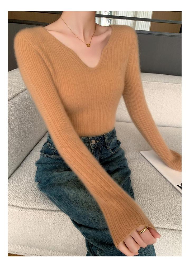 Women's Slimming Ribbed Wool V-neck Cashmere Sweater: Solid Color, Long Sleeve, Casual Knitwear
