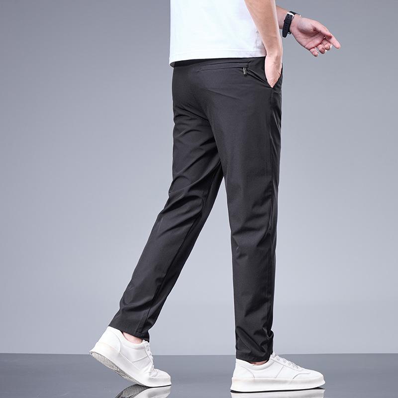 Summer Business Ice Silk Pants Straight Elastic Waist Black Gray Trousers Breathable Simple Male Clothing Casual Suit Pants