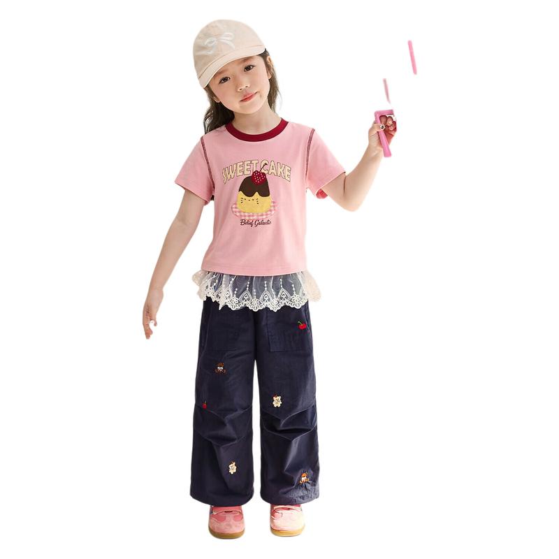 LUSON Girls' Cartoon Color-Block Short Sleeve T-Shirt