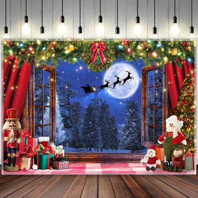 Christmas Day Party Decoration Background Cloth Winter Moon Night Santa Claus Forest Tree Blanket Suitable for Home Outdoor