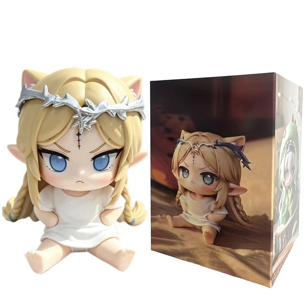 Kawaii Kal Tsit Elf Girl Figure with Cat Ears Twin Braids Sitting PVC Collectible Desktop Ornament Toy