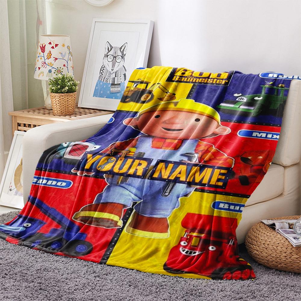 1PC Bob Builder Theme Custom Name Patterned Flannel Blanket Suitable For All Seasons For Home Decor Warmth And Comfort Gifts Holiday Present