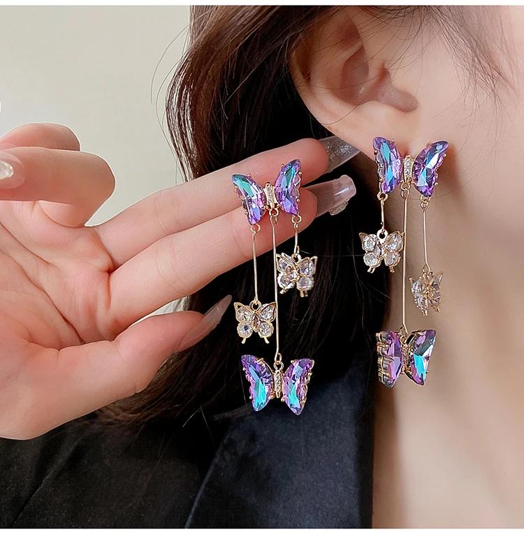 Zircon Butterfly Tassel Earrings for Women New Fashion Luxury Temperament Purple Drop Earrings Sparkle Party Jewely