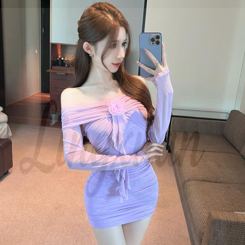 

Spicy Girl One-Shoulder Sexy Mesh Long-Sleeve Mini Dress for Young Women Medium фіолетовий