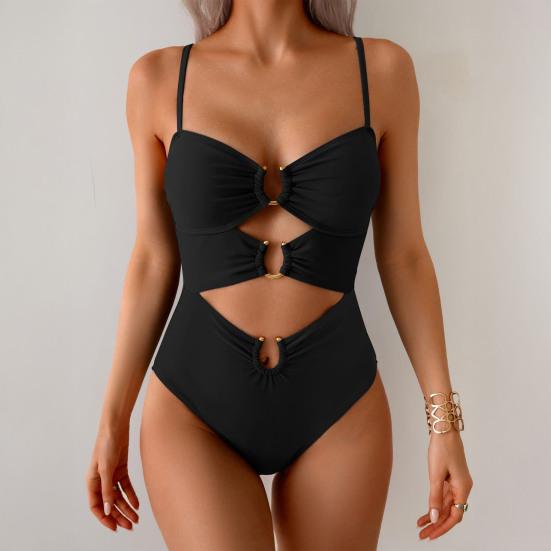 Monokini Soutien-gorge Push-Up à Armatures Ensemble Bikini Une Pièce avec Boucles Métalliques Design Creux Maillot de Bain Sexy à Bretelles Décolleté en V Dos Nu