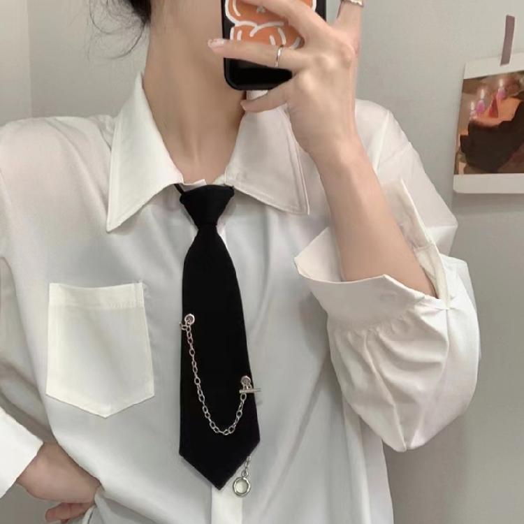 Aesthetic Hiphop Punk Metal Chain Necktie Student Japanese Pre Tied Adjustable Black Ties for Uniform School Shirt