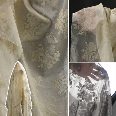 Apricot Butterfly Tulle Flocking Fabric Artistic Chinese Style Lightweight DIY Designer Material for Women's Dress Hanfu