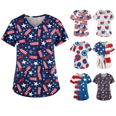 Women's Independence Day Printed Work Clothes V-neck Double Layer Pockets Basic Short Sleeve Top Pullover