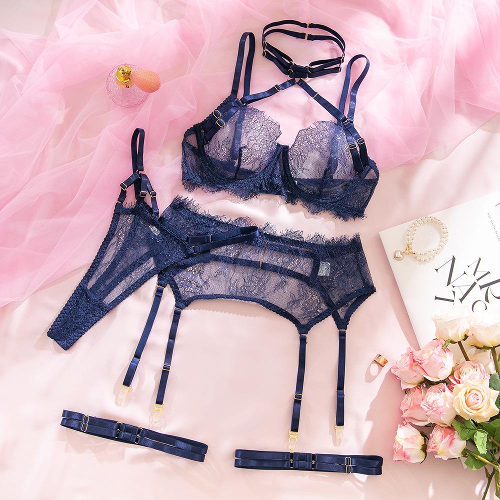 

Women’s European & American Sexy Lingerie Set, Lace Halter Stretch Push-Up Sheer Bra with Butt-Lifting Panty, 3-Piece Intimate Wear L Темно-синій