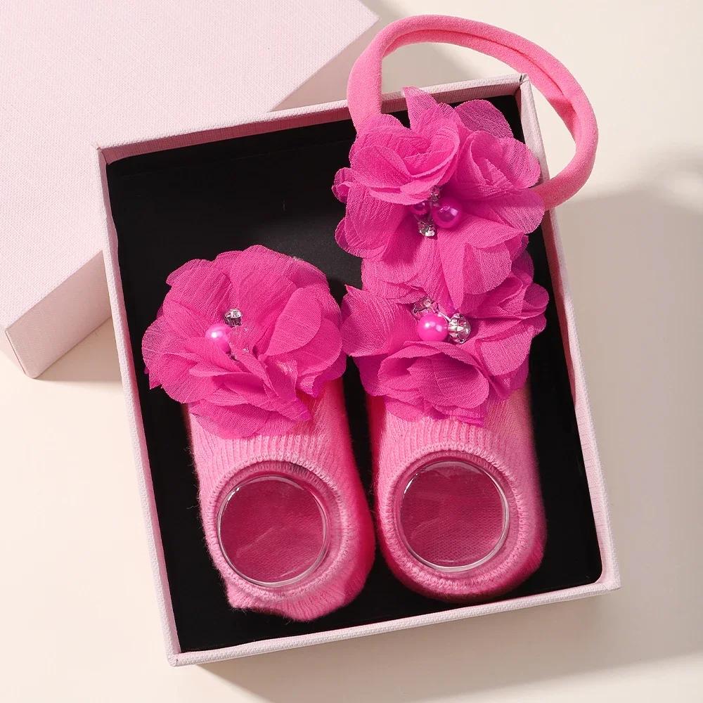 0-1Y Lovely Cartoon Baby Socks Hair Band Set Infant Toddler Non Slip Breathable Short Socks Newborn Headband Gift Photo Props