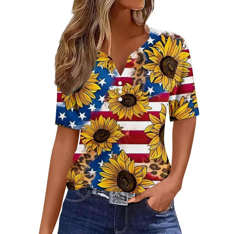 Summer Fashion 2026 New Women's Clothing 3D Butterfly Print V-Neck Three-Button Short Sleeve T-Shirt