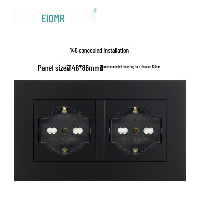 Black 16A German Standard Socket Panel with Double USB + Type C, Concealed European Installation