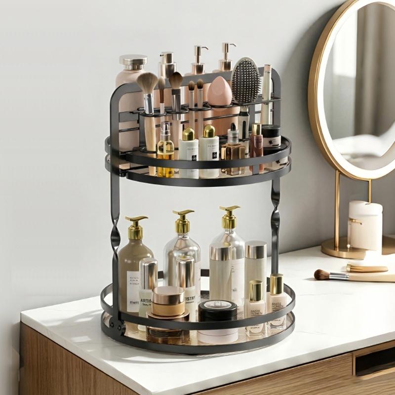 Elegant Moving Dressing Tray With Jewelry Hangers And Open Shelf For Perfumes Creams Makeup