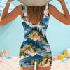 Women Plus Size Square Neck Wide Straps One Piece Boyshort Landscape Printed Swimsuit