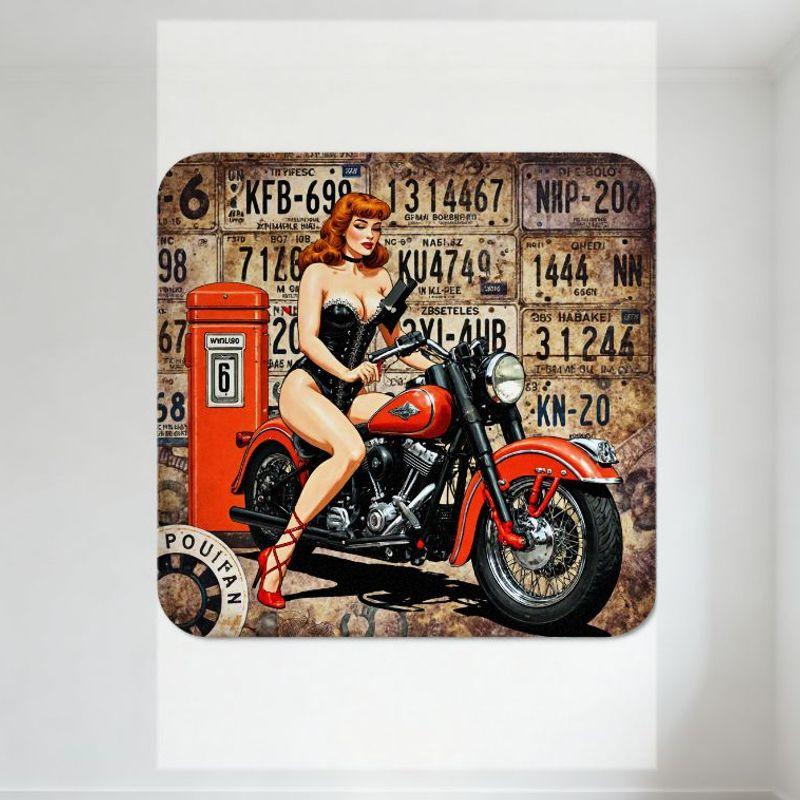 

Vintage Pin-up Redhead Woman on Black Chrome Red Motorcycle Metal Tin Sign, Retro License Plates Gas Pump POUJAN Wall Decor fo 20x30cm（7.8x11.8inch）