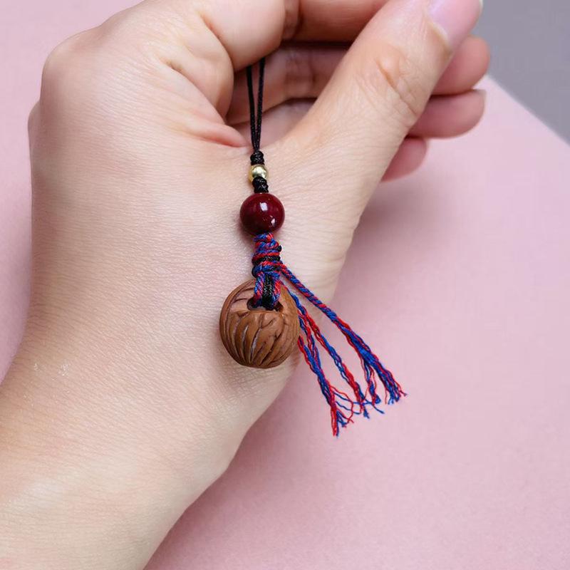 Peach Wood Phone Lanyard with Cinnabar Pendant, Hand-Woven Phone Chain & Keychain Rope