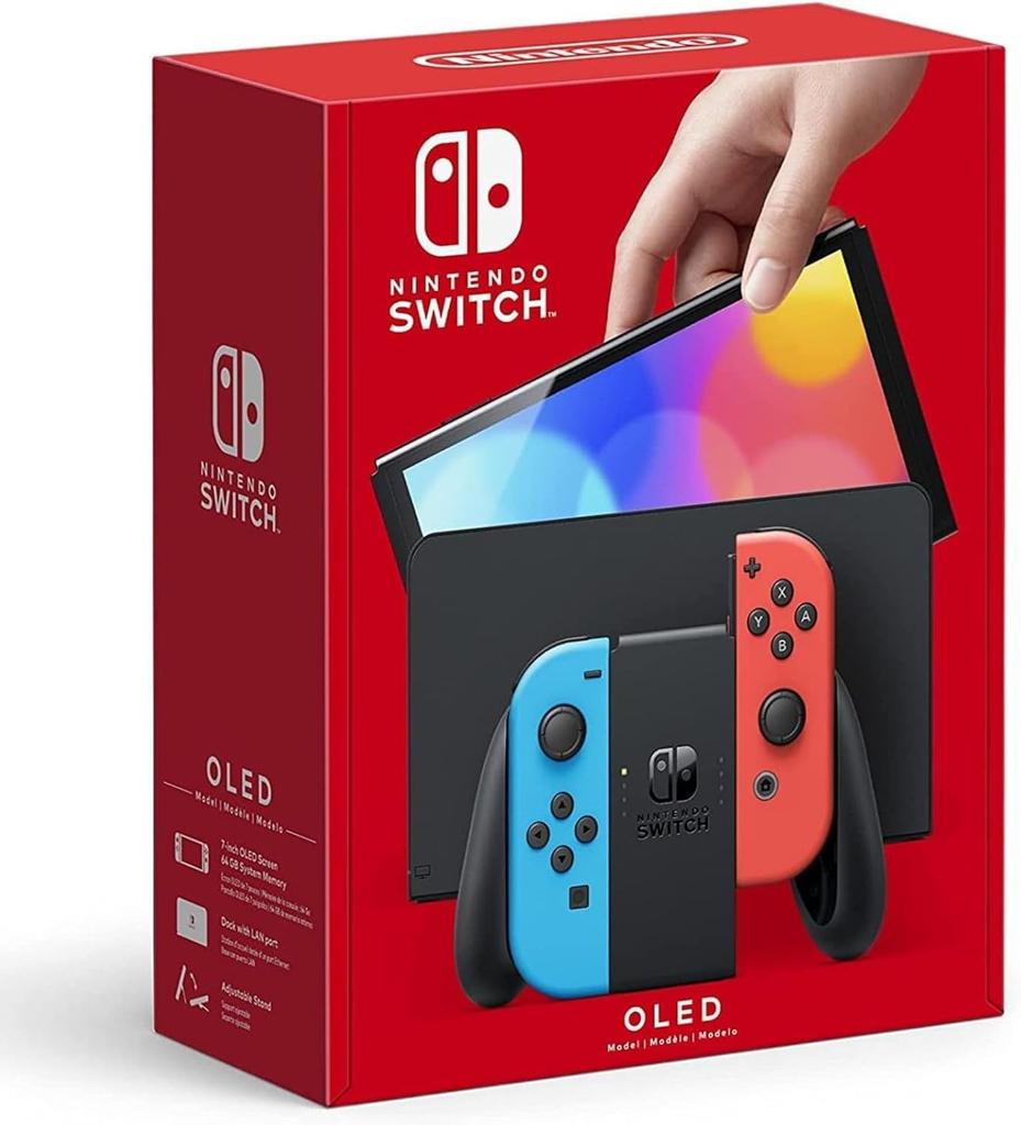 Refurbished Nintendo Switch OLED Model with Neon Blue and Neon 64GB of storage Joy-Con (L) (R) Red, included.