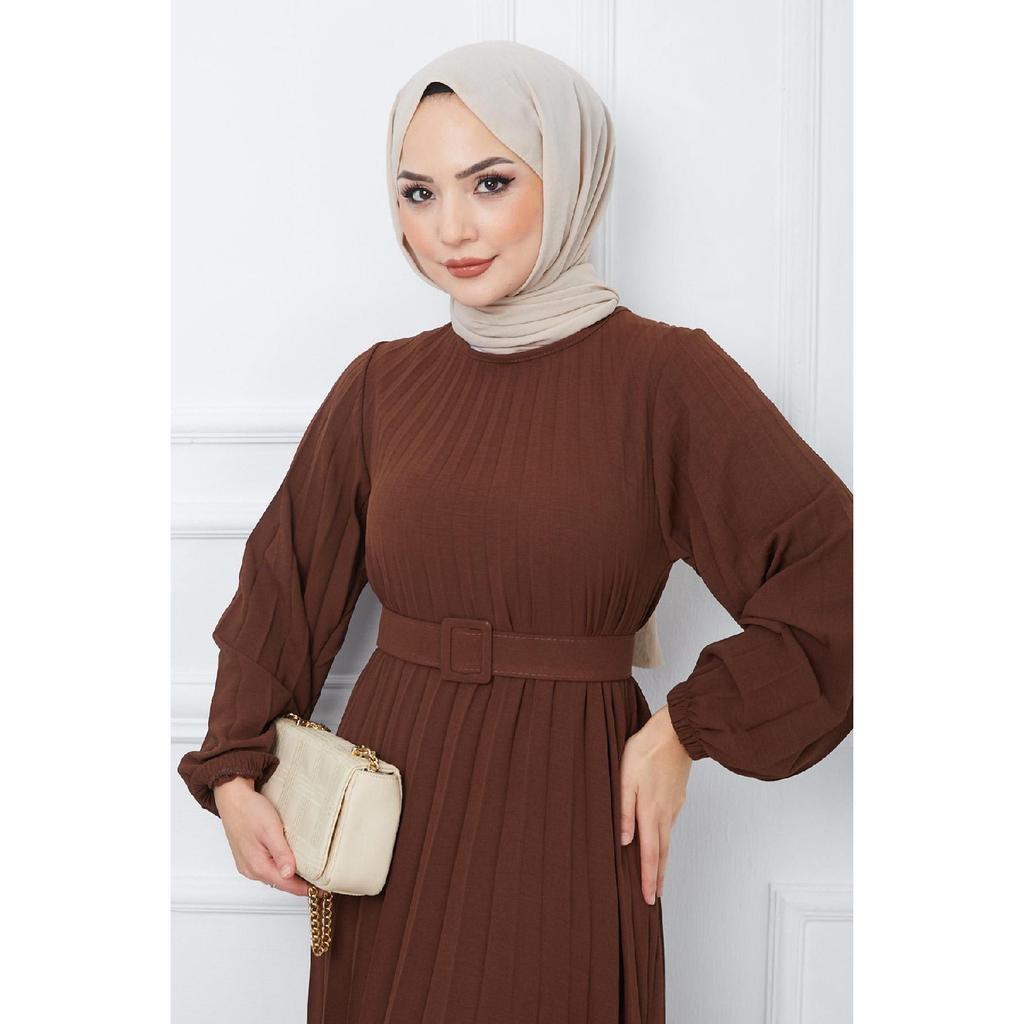 Belted Pleated Aerobin Dress Khaki Hm2339