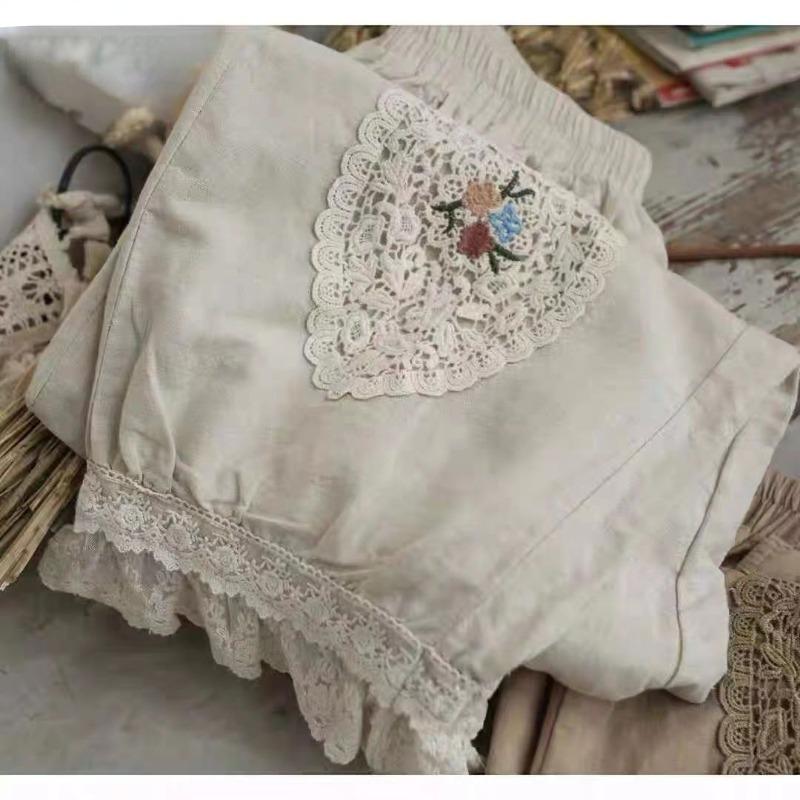 Damskie spodnie na co dzień z bawełny i lnu w stylu vintage, luźne dziewięciopunktowe haftowane koronkowe spodnie haremowe