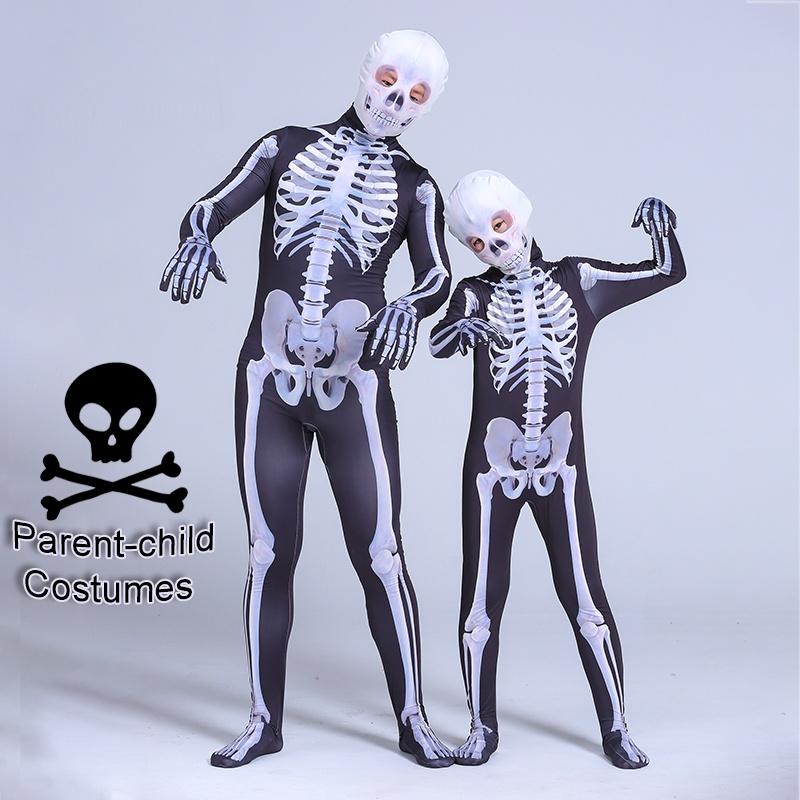 Unisex Parent-child Skeleton Man Costume Jumpsuit With Spooky Mask For Halloween Fun