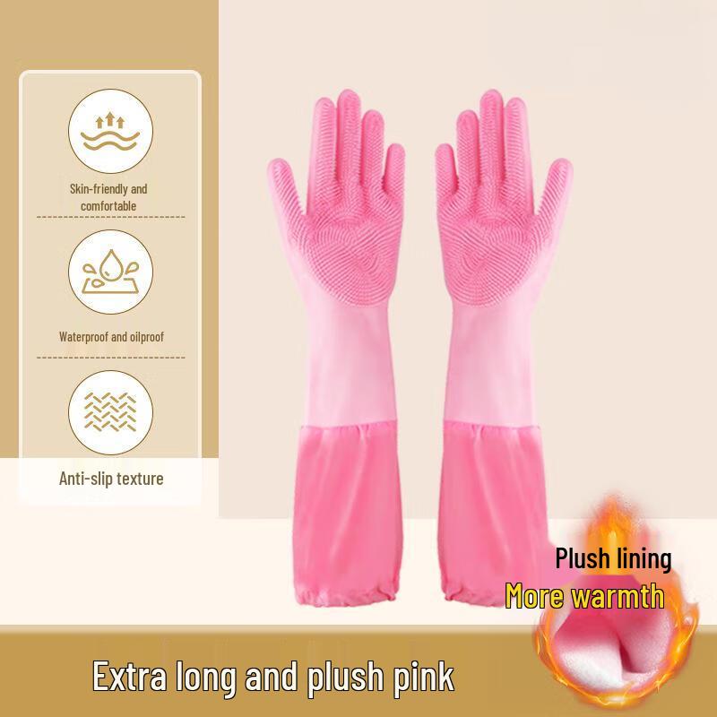 Fleece-Lined Silicone Cleaning Gloves with Scrubber