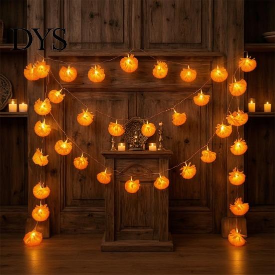 Reusable Fall Seasonal Home Accents Artificial Marigold Flower String Lights, 20/40 LED Cempasuchil Garland Flashing Battery Operated Lights