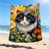 1pc Cat Flowers Outdoor Flannel Blanket , Machine Washable Perfect Gift for Birthday , Holiday Travel Accessory , Durable Material