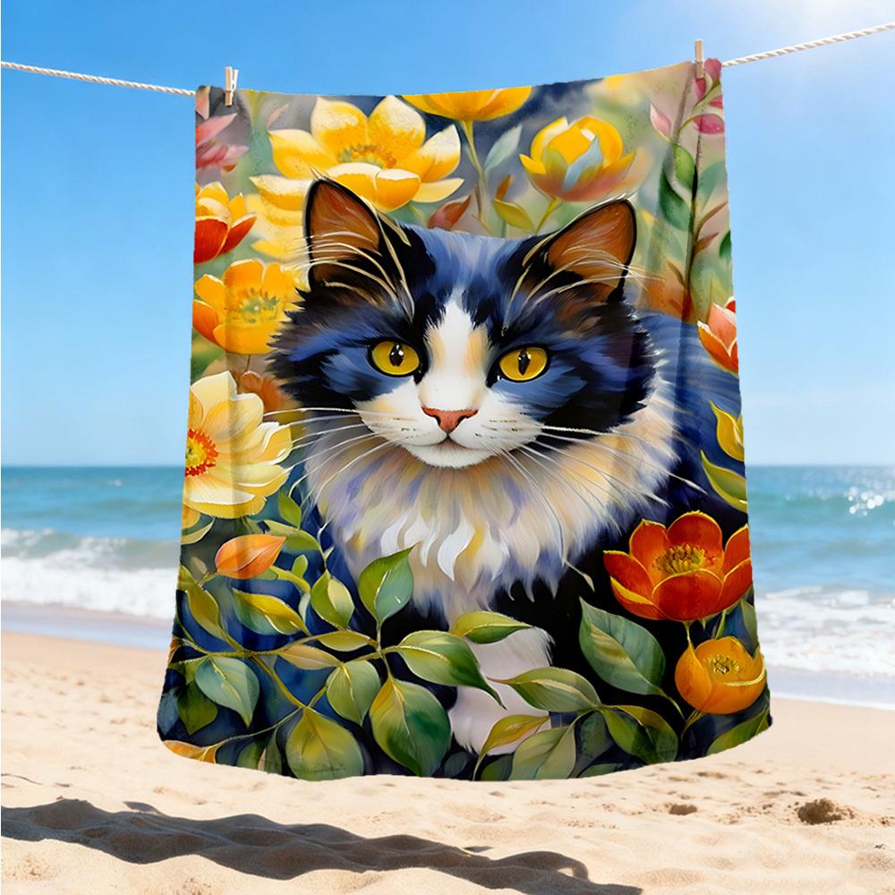 1pc Cat Flowers Outdoor Flannel Blanket , Machine Washable Perfect Gift for Birthday , Holiday Travel Accessory , Durable Material