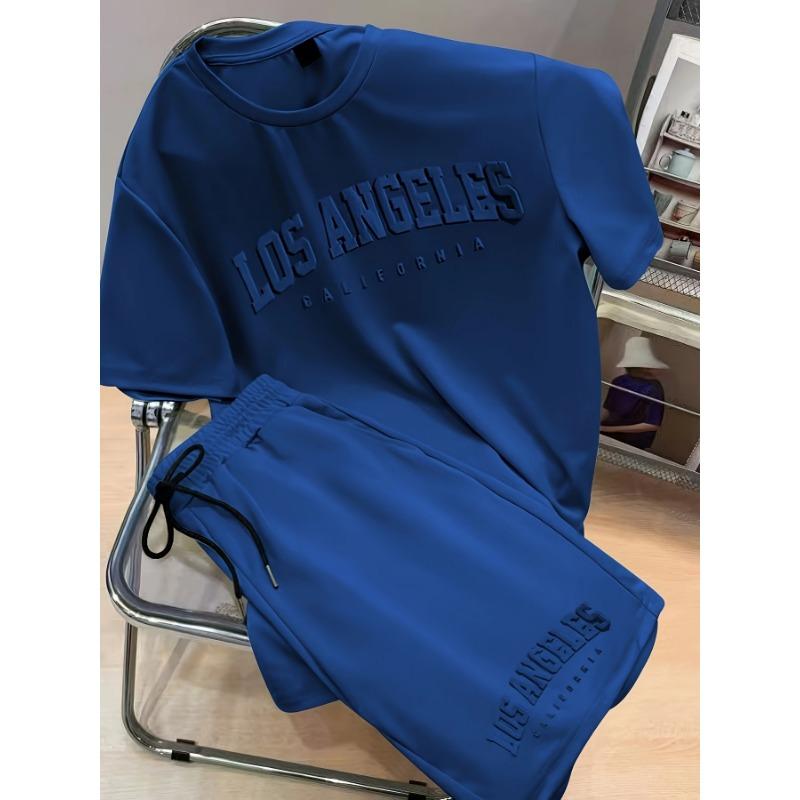 

Men s simple solid color letter embossed short-sleeved T-shirt and shorts set, 2-piece set XL