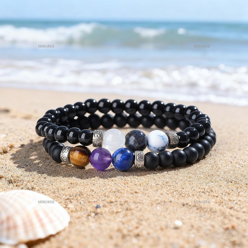2pcs Natural Zircon Bracelet Set Pink Crystal Blue Pattern Stone Fire Mountain Stone Bracelet Energy Healing Jewelry