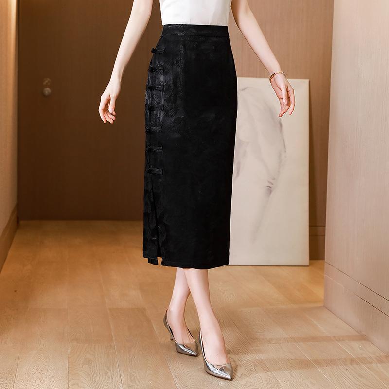 

Новая юбка-чонсам в китайском стиле для женщин, новая узкая юбка с высокой талией и разрезом на бедрах 2XL чёрный