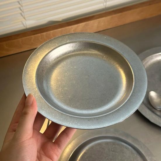 Stainless Steel Round Plate Retro Dessert Dish for Steak BBQ Straight Edge Flat Bottom Tray for BBQ Home Camping Picnic