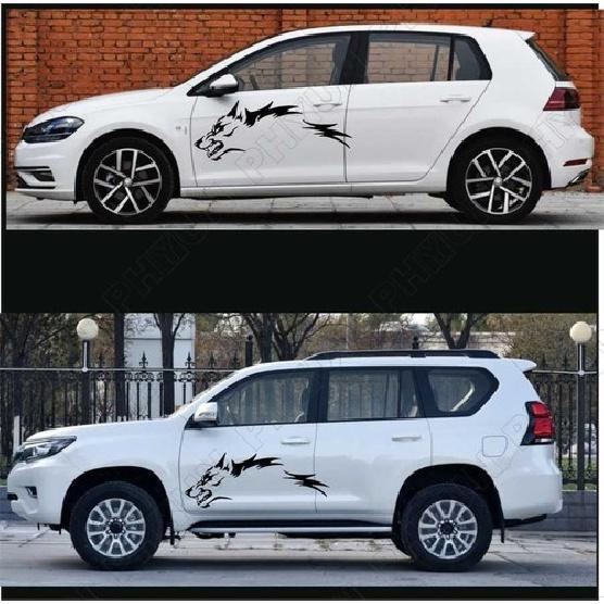 2pcs Black Car Body Side Door Stickers Running Wolf Totem Vinyl Decals Universal