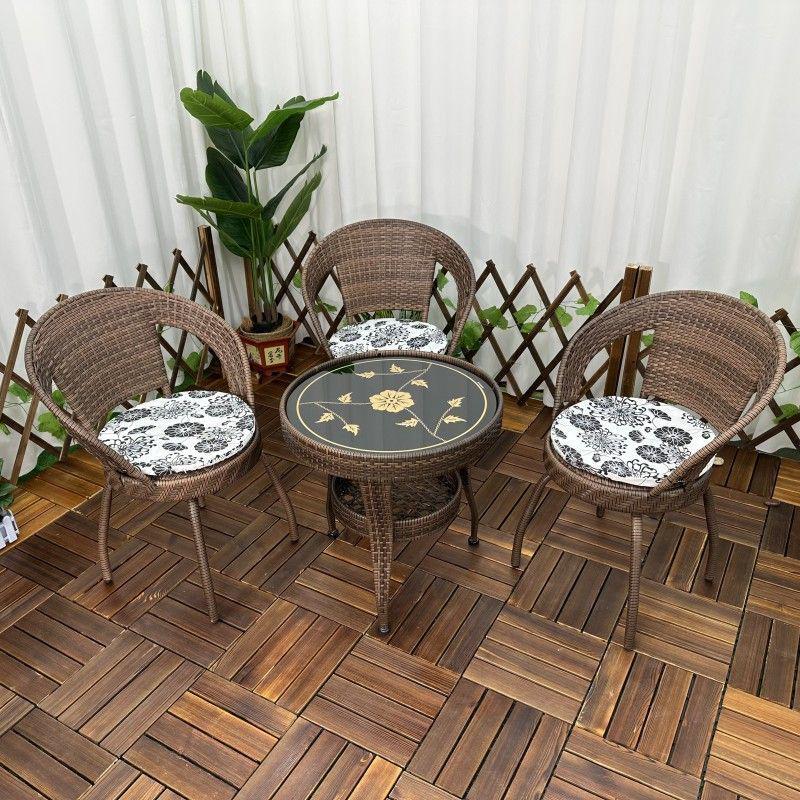 Three-Piece Chinese Style Rattan Table and Chair Set - Indoor Balcony Swivel Chair, Durable Round Five-Piece Swivel Design