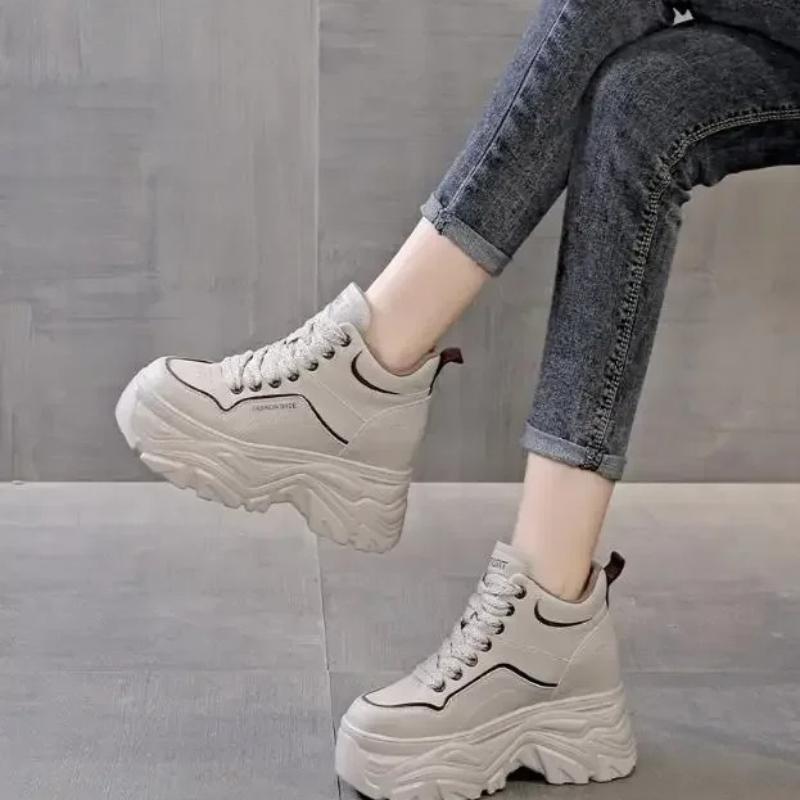 Fashion Women Ankle Boots Autumn Genuine Leather Shoes Woman Platform Height Increased Sneakers 8CM Thick Sole Wedges Snow Boots Winter