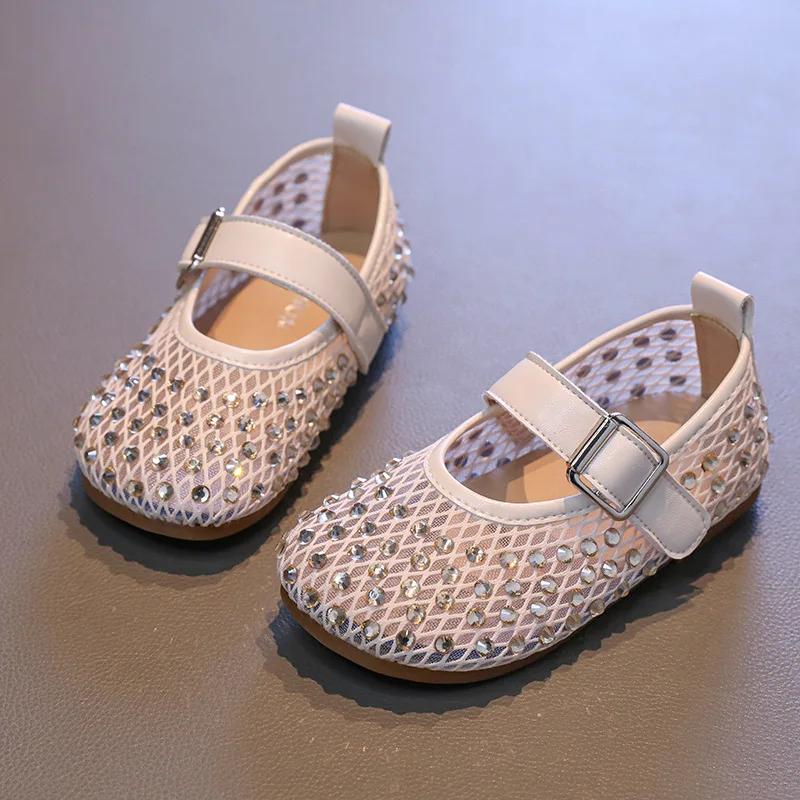 

Fashion Girl Princess Shoes Sandals Girls Spring New Mesh Breathable Full Diamond Beautiful Little Princess Soft Soled Comfortable Shoes 36 бежевый