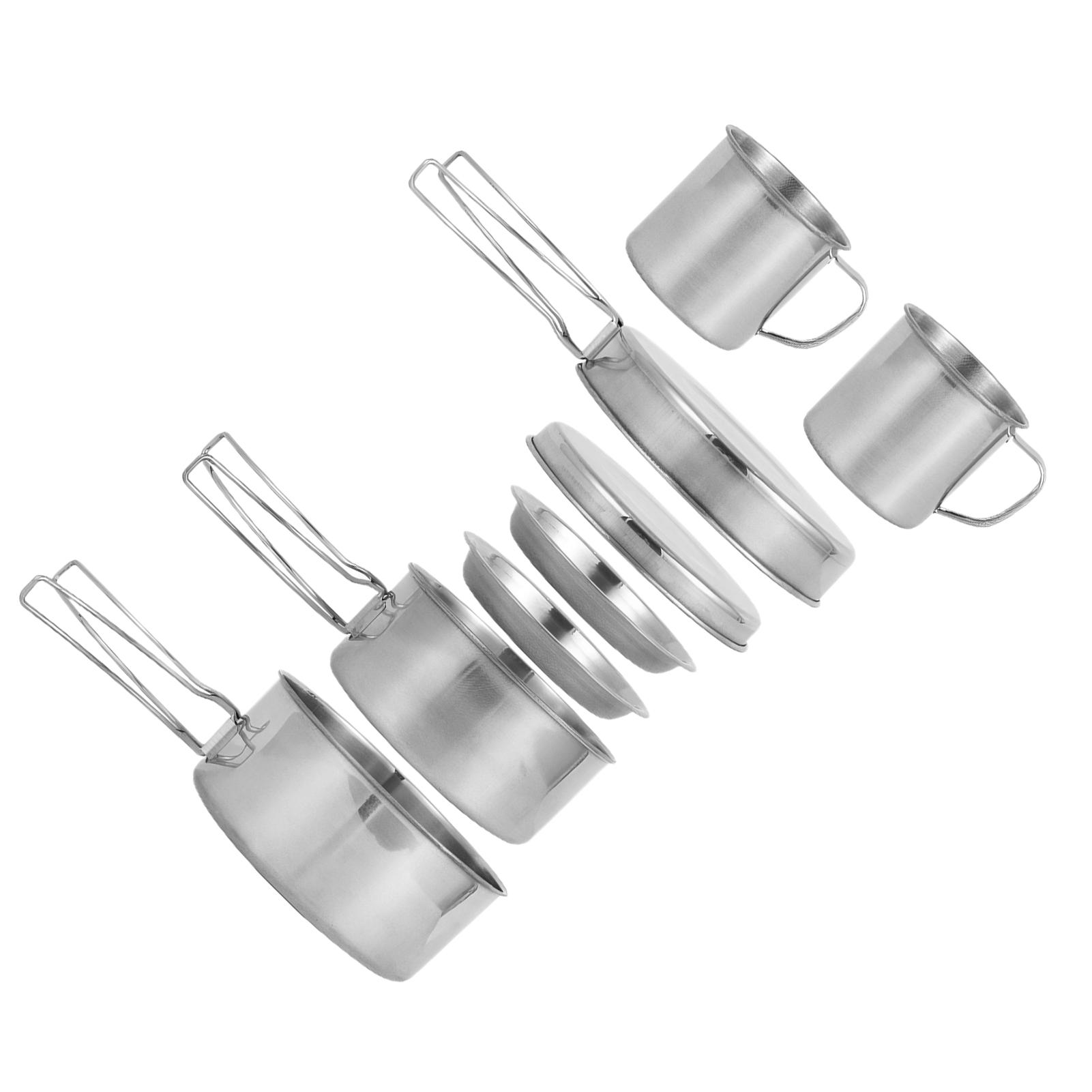 

8Pcs Outdoor Stainless Steel Cookware Set Portable Bowl for Hiking, Camping, Barbecue, Foldable Combination Set for 5-6 People
