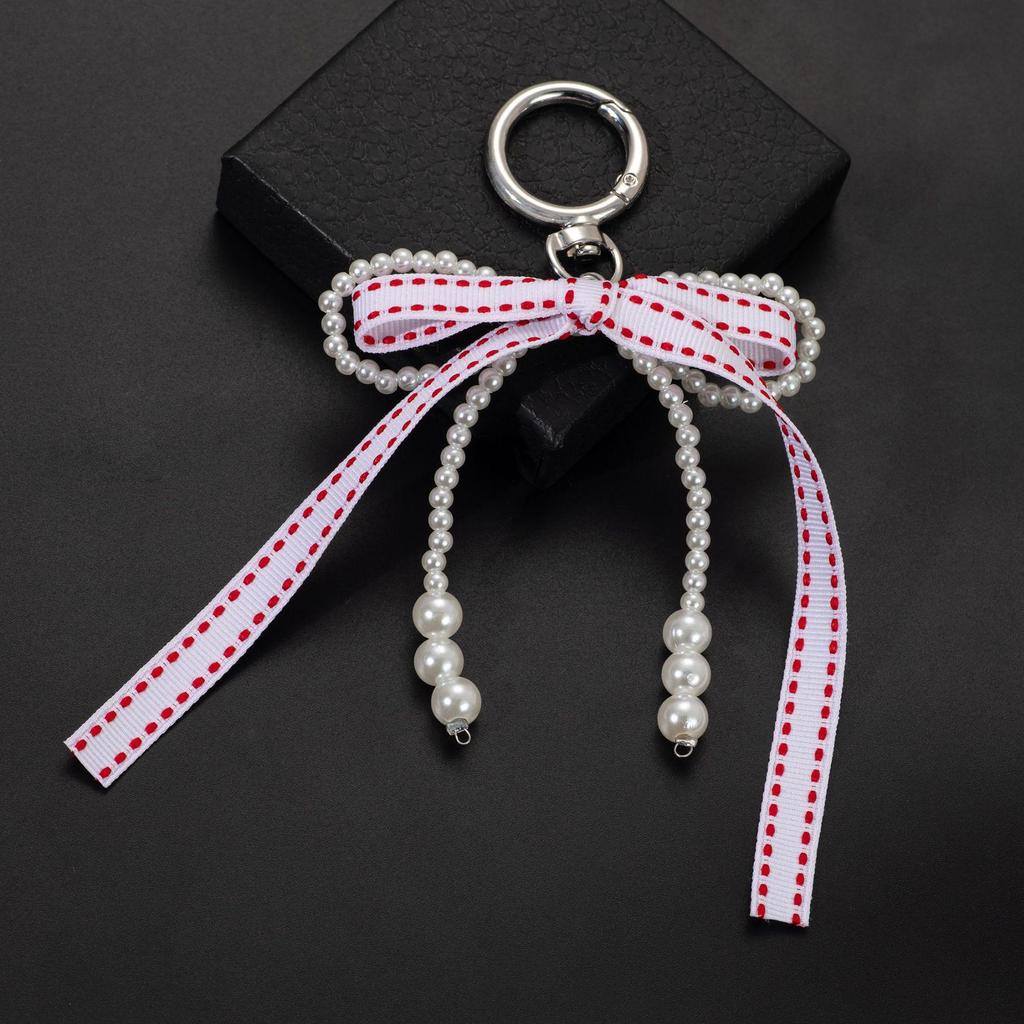 Minimalist Sweet Girl Style Handmade Beaded Faux Pearl Multicolor Ribbon Bow Keychain Charm