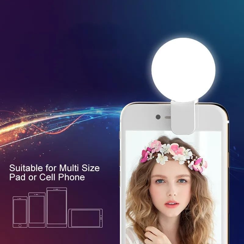 Clip-on LED Selfie Ring Light, Small Pocket-Size, 3 Brightness Levels, Rechargeable, Phone Camera Light, (White)