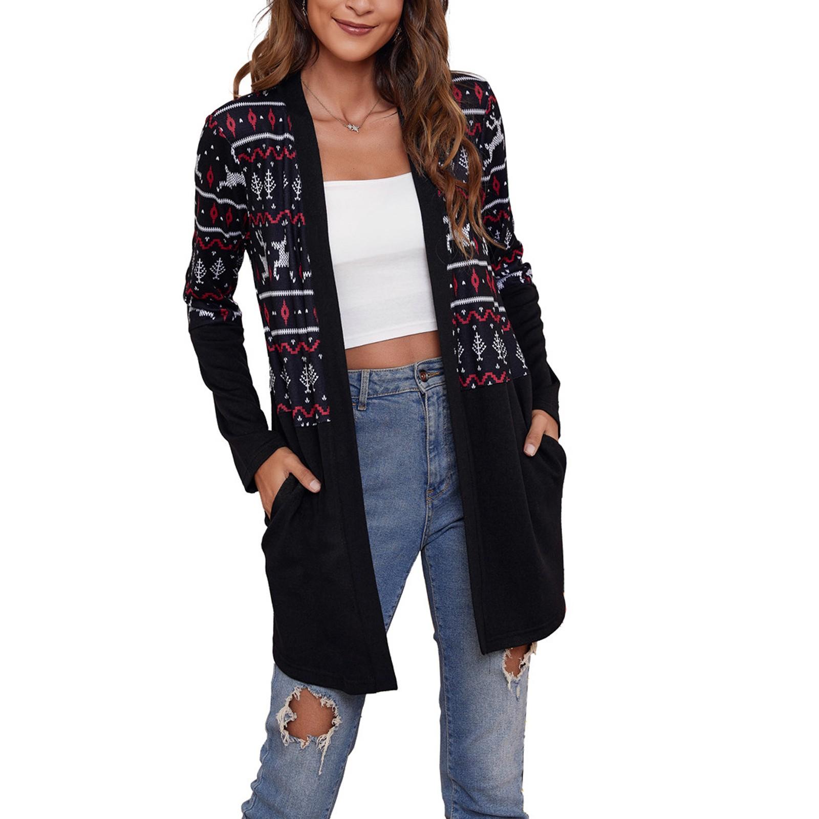 

Женская повседневная куртка-кардиган с цветными блоками и рождественским принтом, длинными рукавами и цветами XXL чёрный
