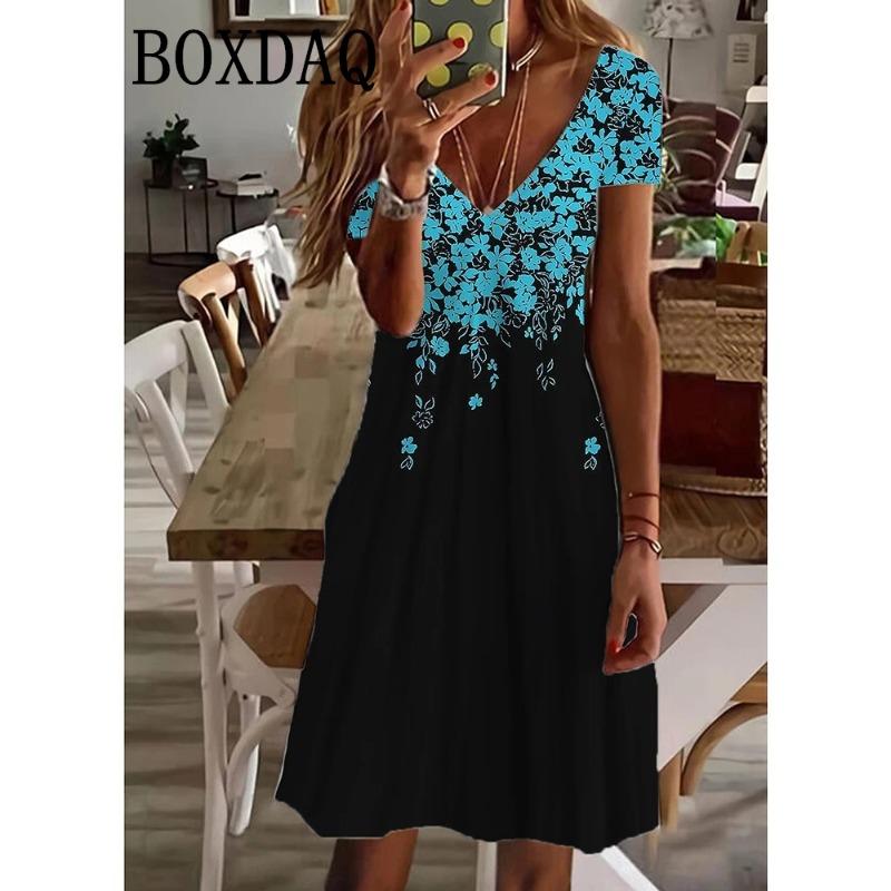 Women'S Casual Dress Vintage Pullover Loose Midi Dress Short Sleeve Floral Print Summer V-Neck Dress Plus Size Clothing